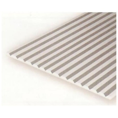 Plancha con ranuras en " V " 0.50 x 0.75 entre ranuras, 15 x 30 cm. De Estireno. Marca Evergreen. Ref: 2030.