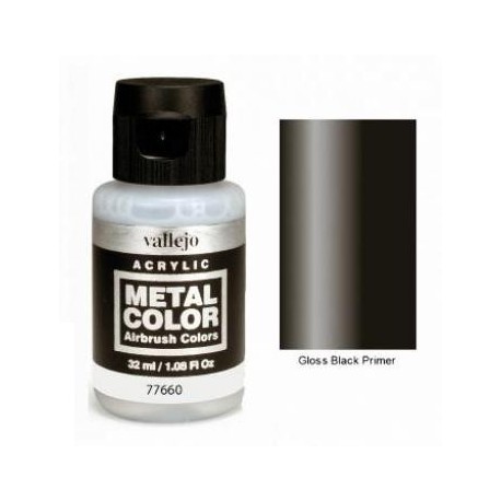 Acrilico Metal color, imprimación negro brillo. Bote 32 ml. Marca Vallejo. Ref: 77660.