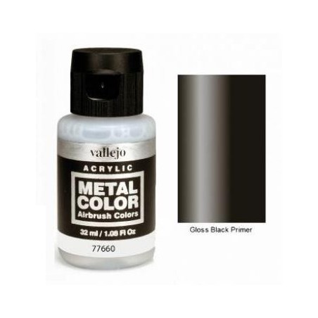 Acrilico Metal color, imprimación negro brillo. Bote 32 ml. Marca Vallejo. Ref: 77660.