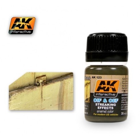 Oil y Oef Streaking effects, Desgaste para vehículos USA. Bote de 35 ml. Marca AK Interactive. Ref: AK123.