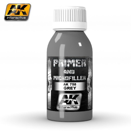 Primer and microfiller, grey. Contiene 100 ml. Marca AK Interactive. Ref: AK758.