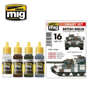 Set de colores para CAMUFLAJES BRITÁNICOS BERLÍN 1988-1991. Marca Ammo of Mig Jimenez. Ref: AMIG7150.