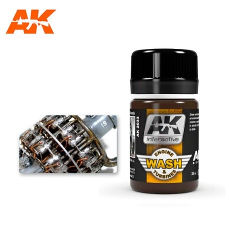 Lavado motores de aviones, Wash aircraft engine. Bote de 35 ml. Marca AK Interactive. Ref: AK2033.