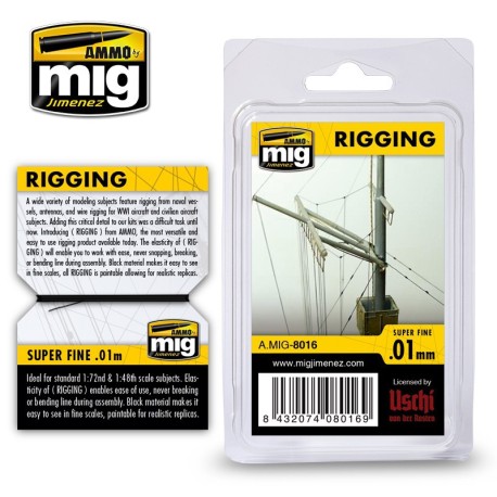 Aparejos, rigging - superfino 0.01 mm. Longitud 2 m. Marca Ammo of Mig Jimenez. Ref: AMIG8016.