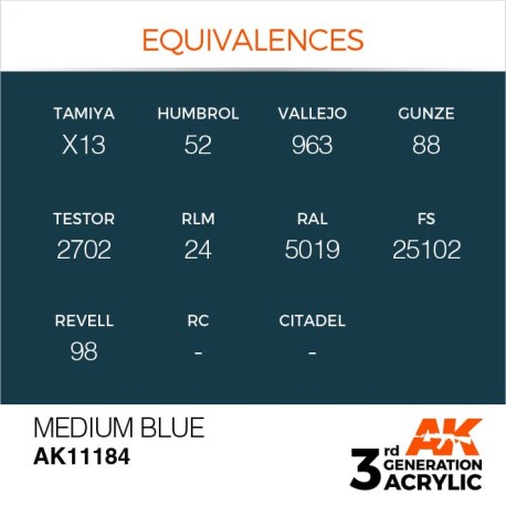 Acrílicos de 3rd Generación,MEDIUM BLUE– STANDARD. Bote 17 ml. Marca Ak-Interactive. Ref: Ak11184.