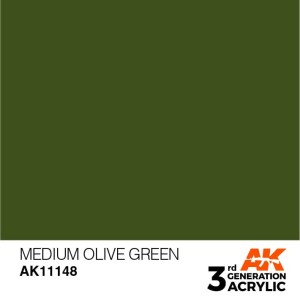 Acrílicos de 3rd Generación,  MEDIUM OLIVE GREEN – STANDARD. Bote 17 ml. Marca Ak-Interactive. Ref: Ak11148.