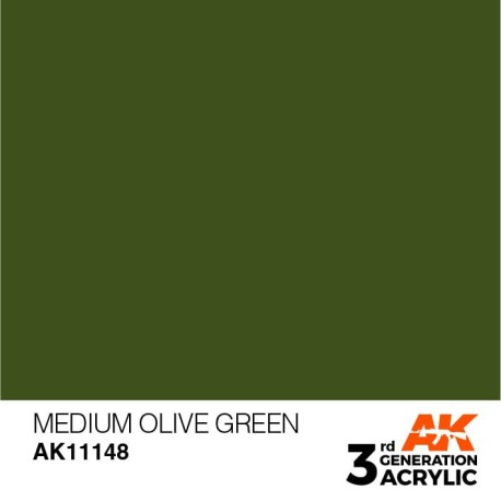 Acrílicos de 3rd Generación,  MEDIUM OLIVE GREEN – STANDARD. Bote 17 ml. Marca Ak-Interactive. Ref: Ak11148.