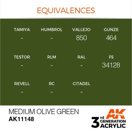 Acrílicos de 3rd Generación,  MEDIUM OLIVE GREEN – STANDARD. Bote 17 ml. Marca Ak-Interactive. Ref: Ak11148.