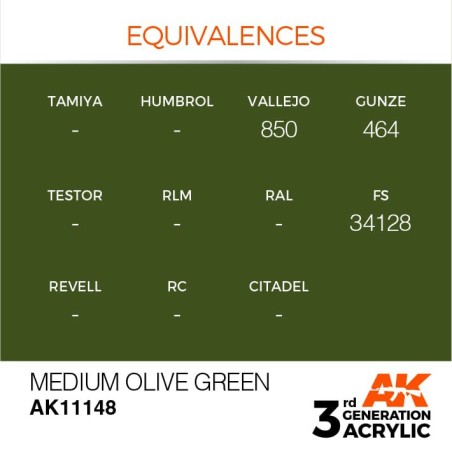 Acrílicos de 3rd Generación,  MEDIUM OLIVE GREEN – STANDARD. Bote 17 ml. Marca Ak-Interactive. Ref: Ak11148.