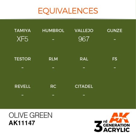 Acrílicos de 3rd Generación,   OLIVE GREEN – STANDARD. Bote 17 ml. Marca Ak-Interactive. Ref: Ak11147.
