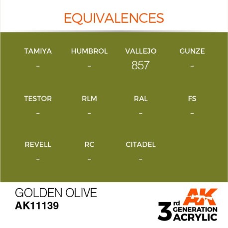 Acrílicos de 3rd Generación,  GOLDEN OLIVE – STANDARD. Bote 17 ml. Marca Ak-Interactive. Ref: Ak11139.