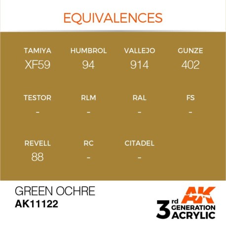 Acrílicos de 3rd Generación,  GREEN OCHRE – STANDARD. Bote 17 ml. Marca Ak-Interactive. Ref: Ak11122.
