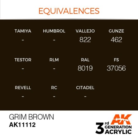 Acrílicos de 3rd Generación, GRIM BROWN – STANDARD. Bote 17 ml. Marca Ak-Interactive. Ref: Ak11112.