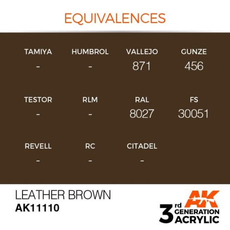 Acrílicos de 3rd Generación,  LEATHER BROWN– STANDARD. Bote 17 ml. Marca Ak-Interactive. Ref: Ak11110.