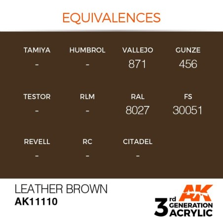 Acrílicos de 3rd Generación,  LEATHER BROWN– STANDARD. Bote 17 ml. Marca Ak-Interactive. Ref: Ak11110.