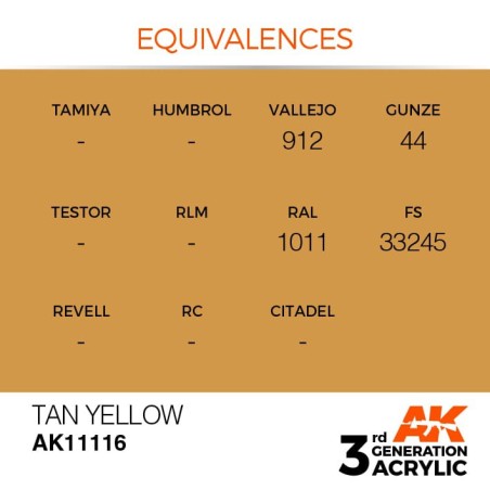 Acrílicos de 3rd Generación,   TAN YELLOW  – STANDARD. Bote 17 ml. Marca Ak-Interactive. Ref: Ak11116.