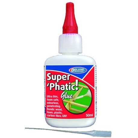 Super 'Phatic, Adhesivo para foam, madera, fibra de carbono. Bote 50ml. Marca Deluxe. Ref:  AD21.