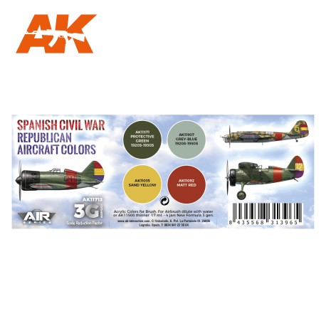 Set acrilicos 3G, Spanish Civil War. Republican Aircraft Colors. Marca AK Interactive. Ref: AK11713.