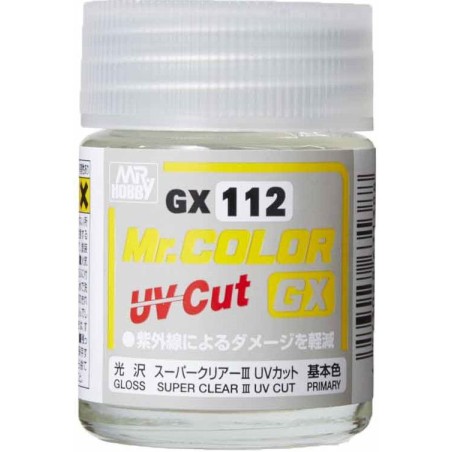 GX SUPER CLEARⅢ UV CUT GLOSS.  Bote 18 ml. Marca MR.Hobby. Ref: GX112.