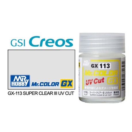 GX113 Super Clear III UV Cut Flat Gloss.  Bote 18 ml. Marca MR.Hobby. Ref: GX113.