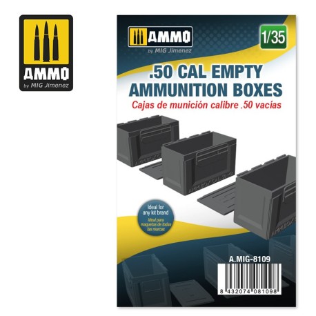 Cajas de munición calibre .50 vacías, escala 1/35. Marca Mig. Ref: AMIG8109.