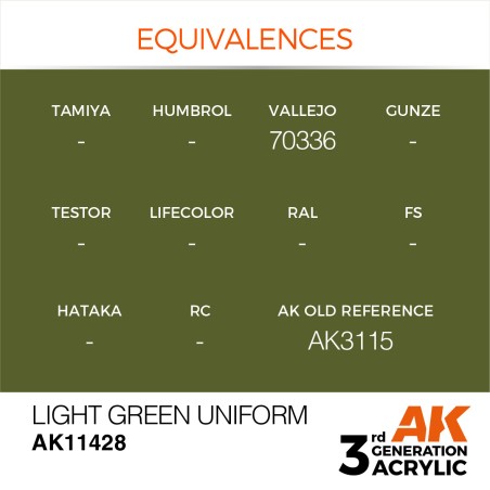 Acrílicos de 3r, LIGHT GREEN UNIFORM – FIGURES.Marca Ak-Interactive.  Ref: Ak11428.