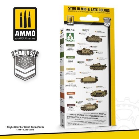 STUG III LATE & MID COLORS 1944 TO 1945 SET. 6 colores. Marca Ammo of Mig Jimenez. Ref: AMIG7186.