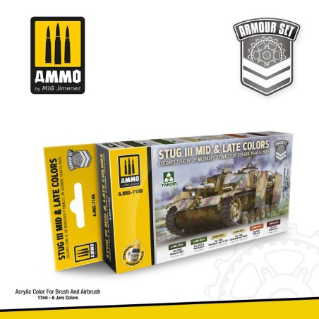 STUG III LATE & MID COLORS 1944 TO 1945 SET. 6 colores. Marca Ammo of Mig Jimenez. Ref: AMIG7186.