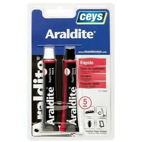 Araldit rapido 5 + 5 ml, dos componentes, Marca Ceys, formato tubo.