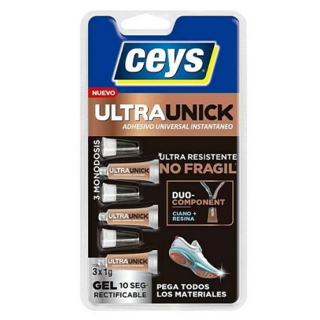 Pegamento instantáneo fuerte Ultra Unick, Marca Ceys, 3 ud de 1gr. Marca Ceys. Ref: CE1015.