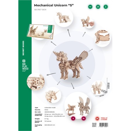 “Mechanical Unicorn S”, madera contrachapada, Kit de montaje. Marca Ewa. Ref: 10604.