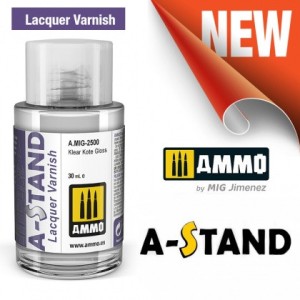A-STAND Barniz Brillante. Bote de 30 ml. Marca Ammo of Mig Jimenez. Ref: AMIG2500, 2500.