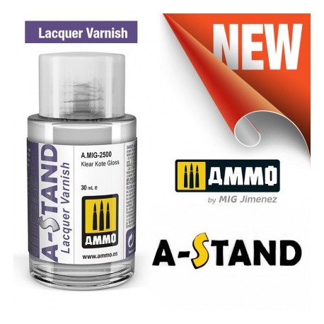 A-STAND Barniz Brillante. Bote de 30 ml. Marca Ammo of Mig Jimenez. Ref: AMIG2500, 2500.