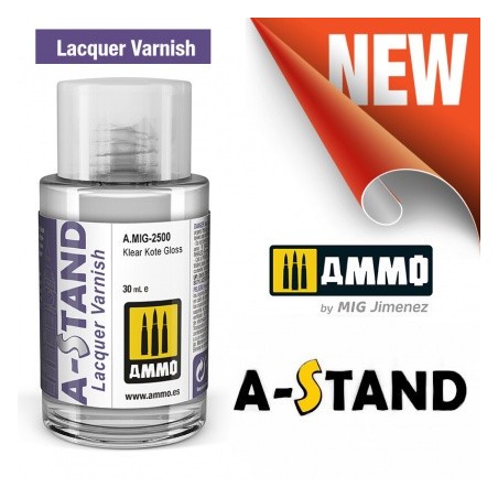 A-STAND Barniz Brillante. Bote de 30 ml. Marca Ammo of Mig Jimenez. Ref: AMIG2500, 2500.