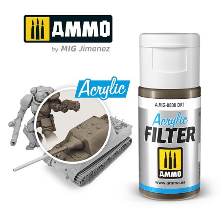 ACRYLIC FILTER Dirt. Bote de 15 ml. Marca Ammo of Mig Jimenez. Ref: AMIG0800, 0800.
