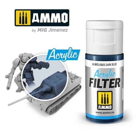 ACRYLIC FILTER Dark Blue. Bote de 15 ml. Marca Ammo of Mig Jimenez. Ref: AMIG0803, 0803.