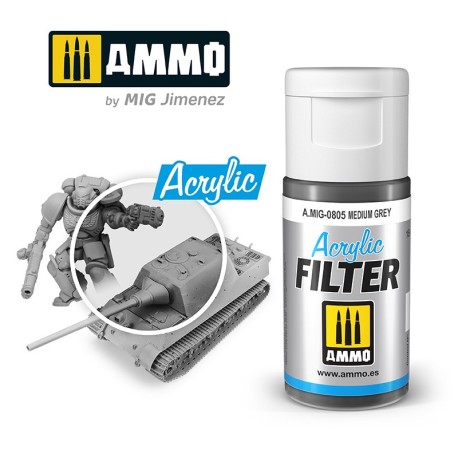 ACRYLIC FILTER Medium Grey. Bote de 15 ml. Marca Ammo of Mig Jimenez. Ref: AMIG0805, 0805.