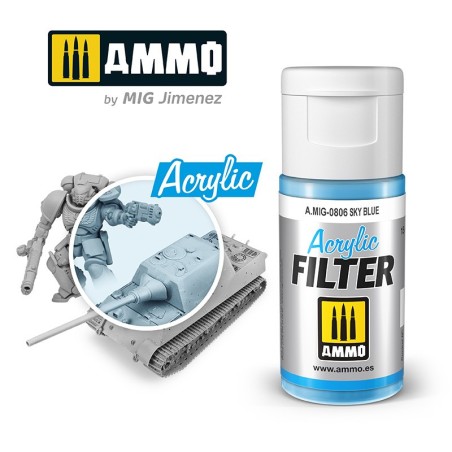ACRYLIC FILTER Sky Blue. Bote de 15 ml. Marca Ammo of Mig Jimenez. Ref: AMIG0806, 0806.