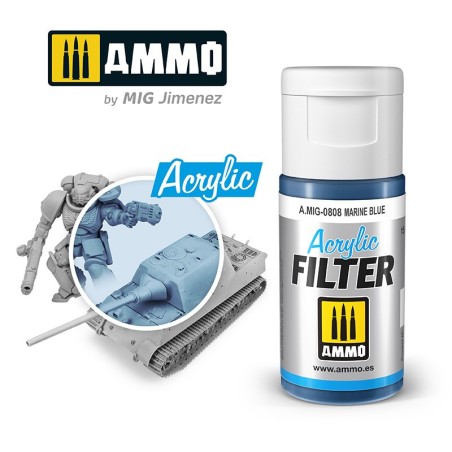 ACRYLIC FILTER Marine Blue. Bote de 15 ml. Marca Ammo of Mig Jimenez. Ref: AMIG0808, 0808.