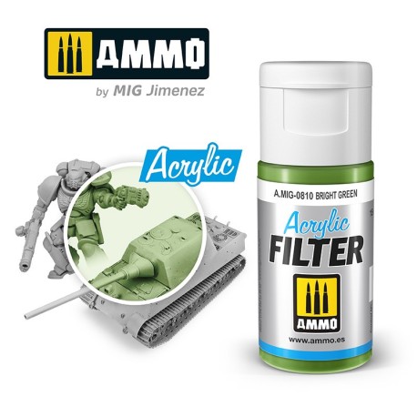ACRYLIC FILTER Bright Green. Bote de 15 ml. Marca Ammo of Mig Jimenez. Ref: AMIG0810, 0810.