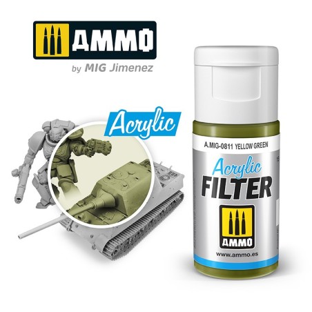 ACRYLIC FILTER Yellow Green. Bote de 15 ml. Marca Ammo of Mig Jimenez. Ref: AMIG0811, 0811.
