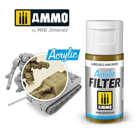 ACRYLIC FILTER Khaki Green. Bote de 15 ml. Marca Ammo of Mig Jimenez. Ref: AMIG0812, 0812.