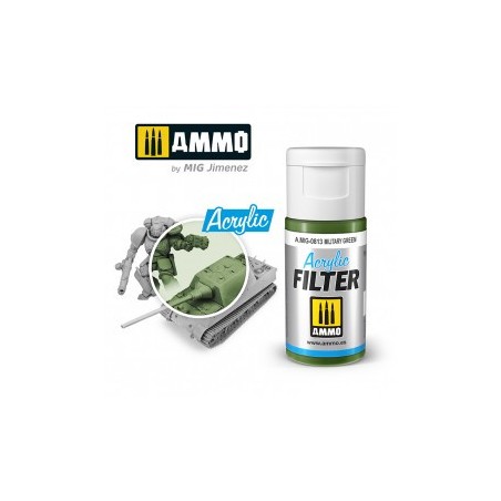 ACRYLIC FILTER Military Green. Bote de 15 ml. Marca Ammo of Mig Jimenez. Ref: AMIG0813, 0813.