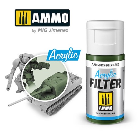 ACRYLIC FILTER Green Black. Bote de 15 ml. Marca Ammo of Mig Jimenez. Ref: AMIG0815, 0815.