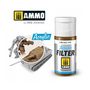 ACRYLIC FILTER  Ochre. Bote de 15 ml. Marca Ammo of Mig Jimenez. Ref: AMIG0822, 0822.