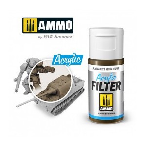ACRYLIC FILTER  Medium Brown. Bote de 15 ml. Marca Ammo of Mig Jimenez. Ref: AMIG0823, 0823.