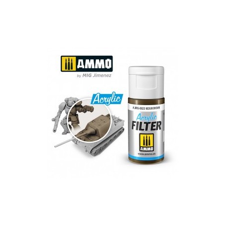ACRYLIC FILTER  Medium Brown. Bote de 15 ml. Marca Ammo of Mig Jimenez. Ref: AMIG0823, 0823.