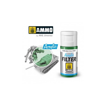 ACRYLIC FILTER  Verde Ftalo. Bote de 15 ml. Marca Ammo of Mig Jimenez. Ref: AMIG0826, 0826.