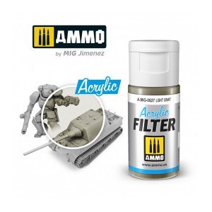 ACRYLIC FILTER  Light Gray. Bote de 15 ml. Marca Ammo of Mig Jimenez. Ref: AMIG0827, 0827.