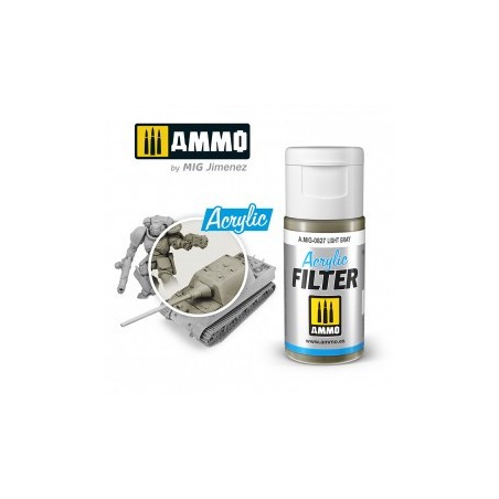 ACRYLIC FILTER  Light Gray. Bote de 15 ml. Marca Ammo of Mig Jimenez. Ref: AMIG0827, 0827.